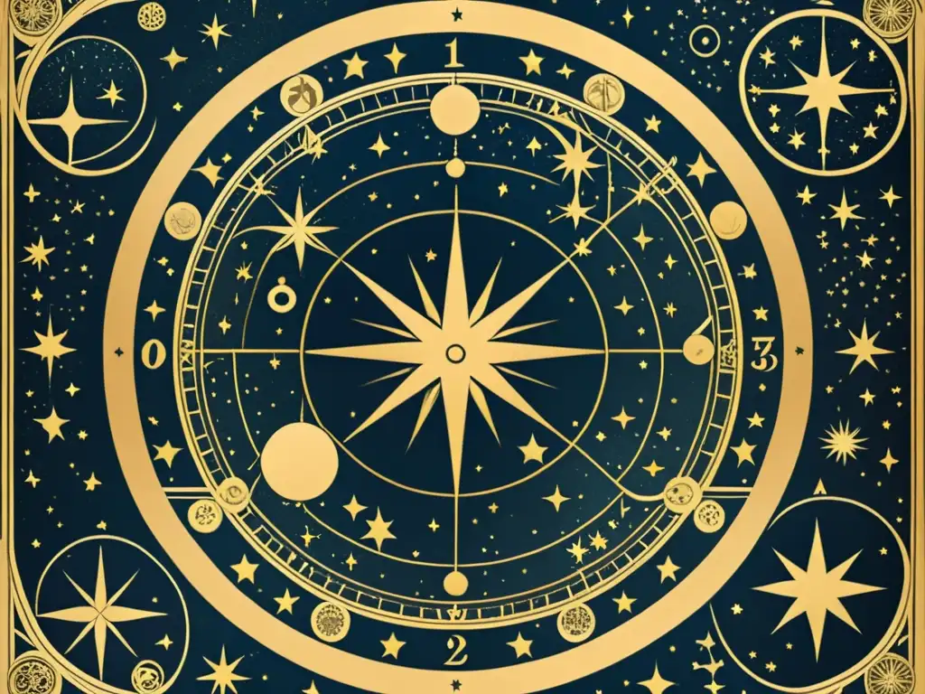 Ilustración vintage de un mapa celestial con constelaciones y figuras míticas en tonos cálidos