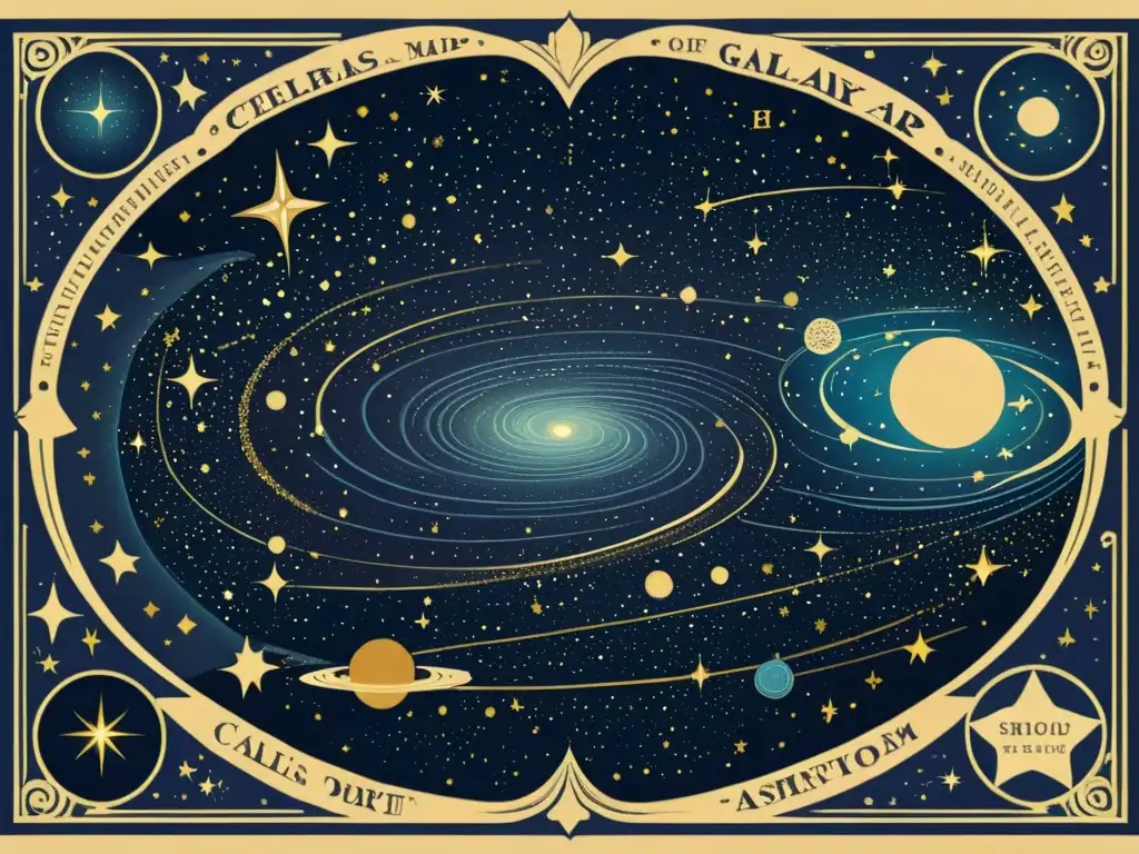 Ilustración vintage de un mapa celestial detallado de la Vía Láctea, con toques antiguos y colores ricos, evocando nostalgia y asombro