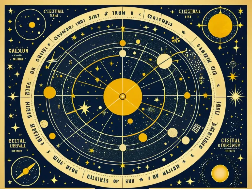 Mapa celestial con objetos deep sky detallados, ilustraciones intrincadas y sensación de historia y descubrimiento