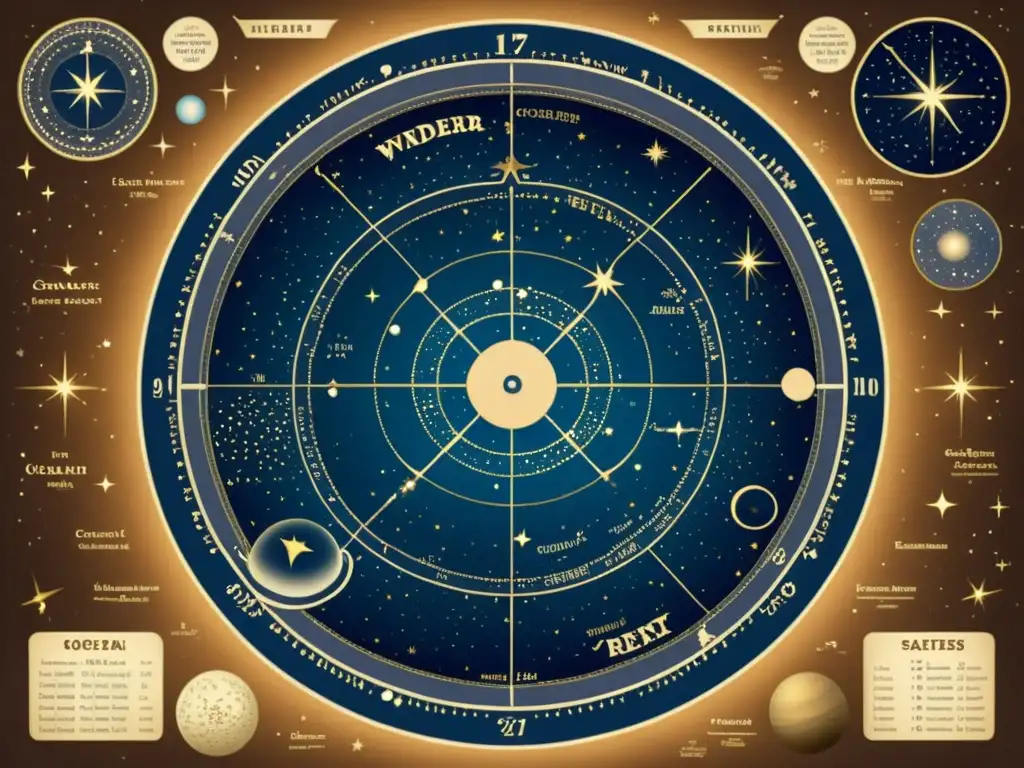 Mapa celestial con objetos deep sky, ilustraciones vintage detalladas en tonos cálidos sepia evocando asombro y exploración cósmica