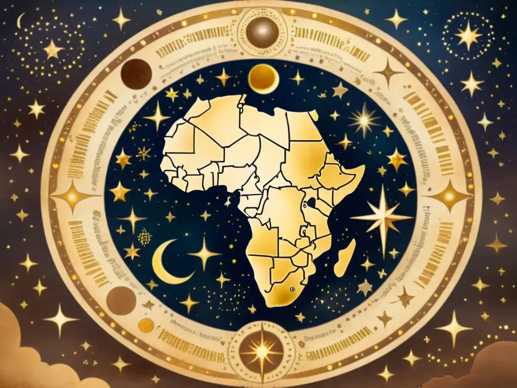 Mapa celestial vintage africano con interpretaciones tradicionales africanas de fenómenos astronómicos en pergamino envejecido