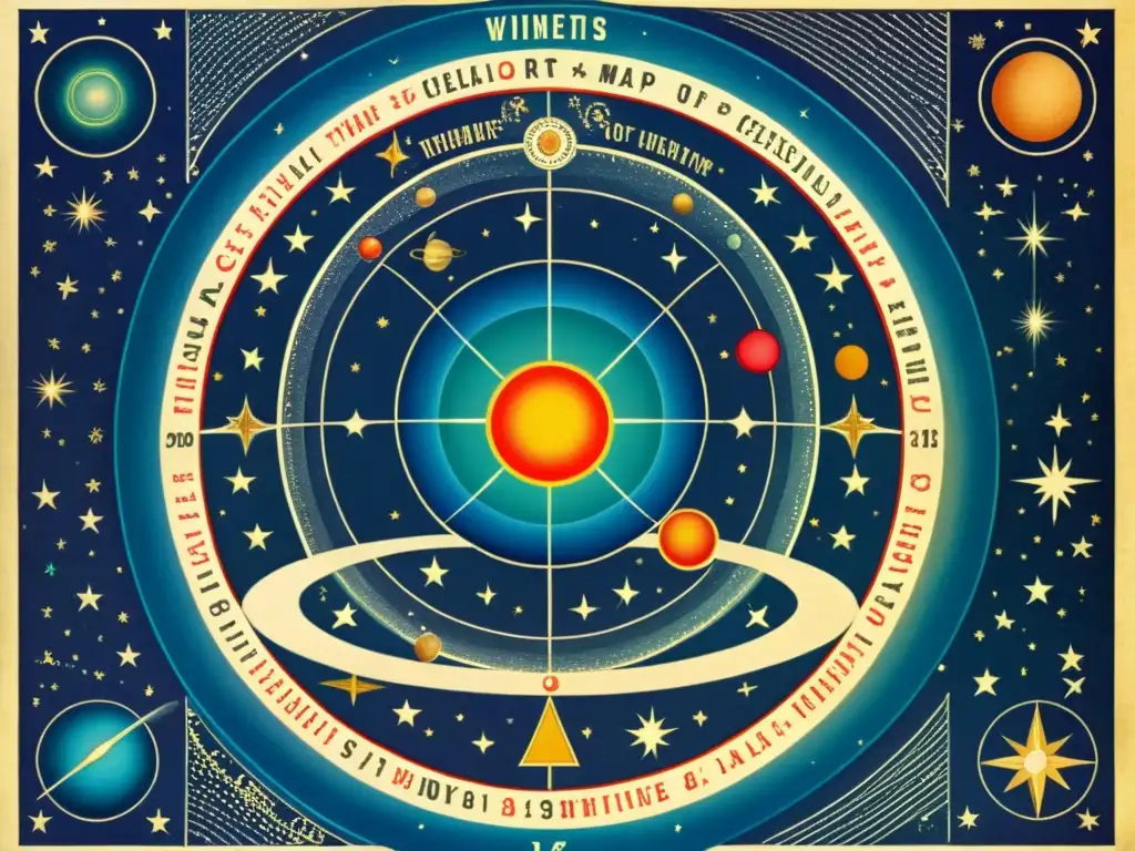 Un mapa celestial vintage muestra alineaciones planetarias y constelaciones en festividades astronómicas