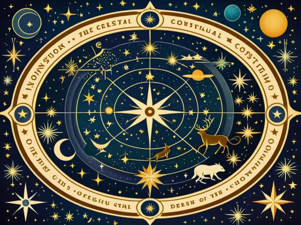 Un mapa celestial vintage muestra constelaciones y estrellas en colores ricos, detallados adornos y una atmósfera encantadora