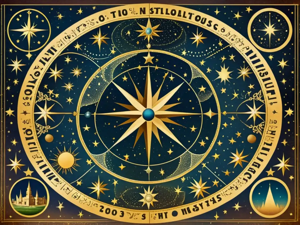 Mapa celestial vintage con constelaciones, estrellas y figuras mitológicas en tonos terrosos