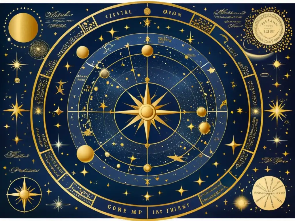 Mapa celestial vintage con constelaciones en oro sobre fondo azul marino, evocando elegancia y mitología