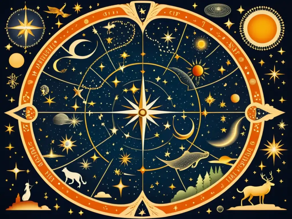 Mapa celestial vintage con constelaciones y estrellas en ricos colores cálidos y detalles intrincados