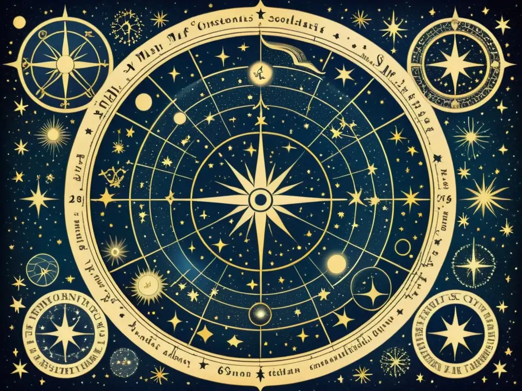 Un mapa celestial vintage con constelaciones detalladas, evocando sabiduría antigua y exploración humana