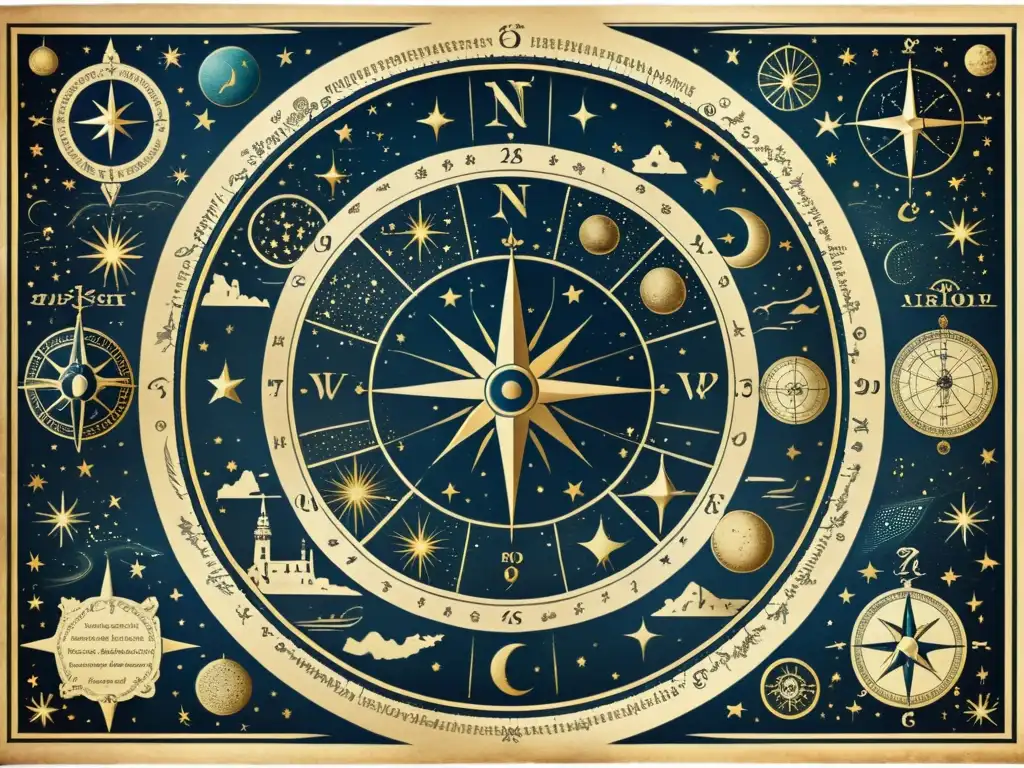 Un mapa celestial vintage con constelaciones y herramientas de navegación, evocando sabiduría antigua y exploración