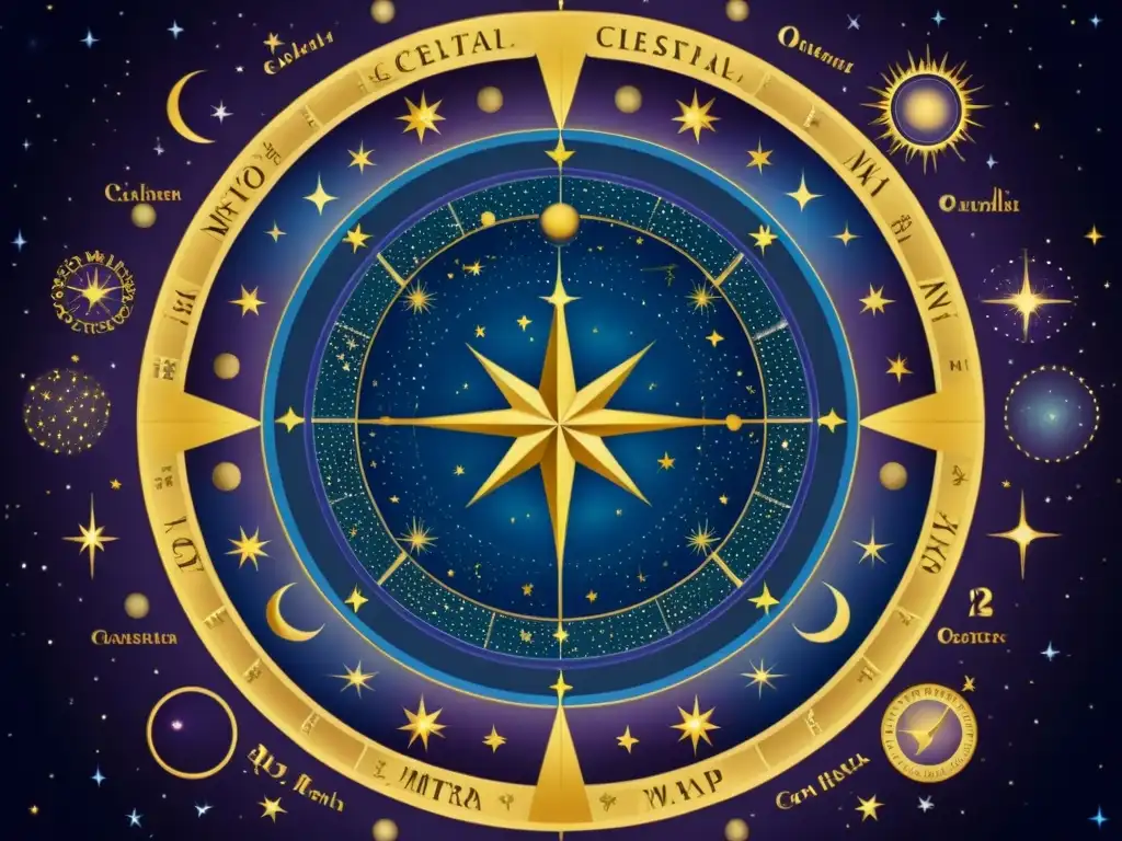 Mapa celestial vintage con Dios Mitra en las constelaciones, en tonos dorados, azules y morados, evocando asombro por el cosmos