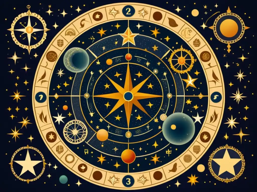 Un mapa celestial vintage con constelaciones detalladas y símbolos zodiacales, evocando misterio y sabiduría antigua