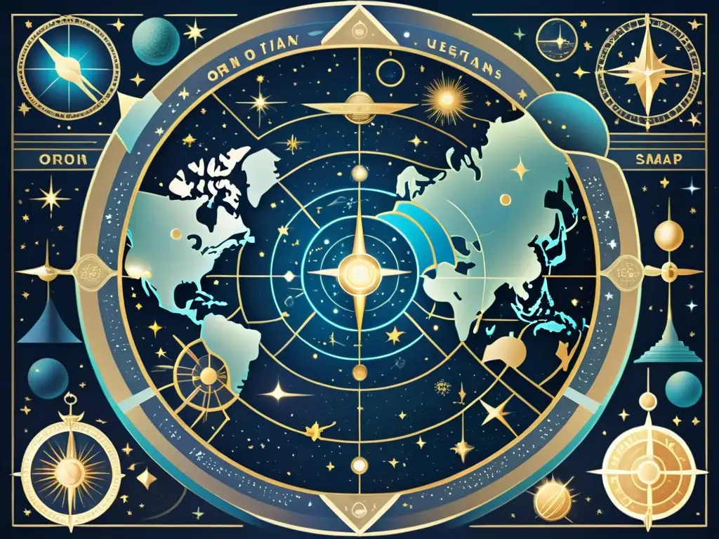 Un mapa celestial vintage detallado que combina constelaciones antiguas con elementos tecnológicos modernos