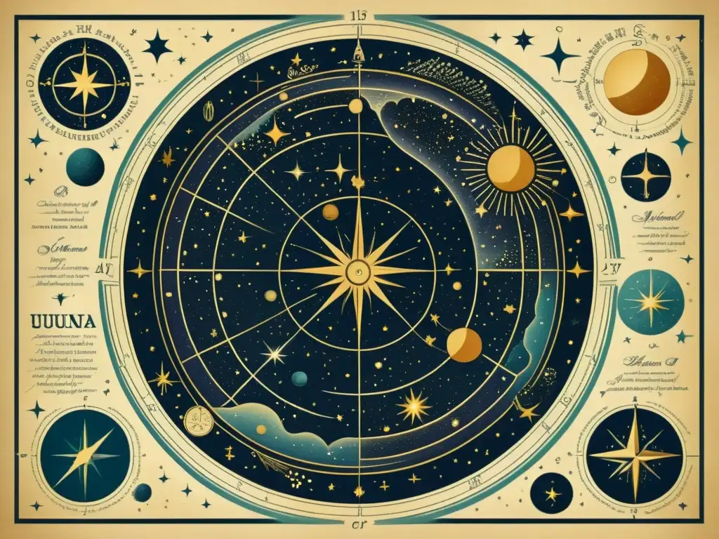 Mapa celestial vintage detallado con constelaciones, estrellas brillantes y figuras míticas, evocando la influencia de la astronomía en internet