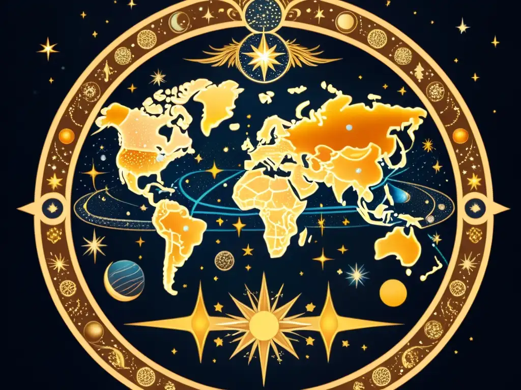 Mapa celestial vintage con ilustraciones detalladas de constelaciones, planetas y cuerpos celestes