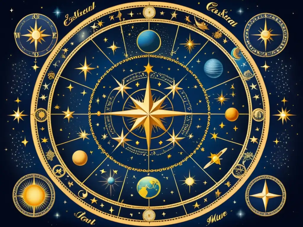 Un mapa celestial vintage muestra la posición exacta de constelaciones famosas en un cielo azul medianoche, con ilustraciones detalladas de estrellas y planetas