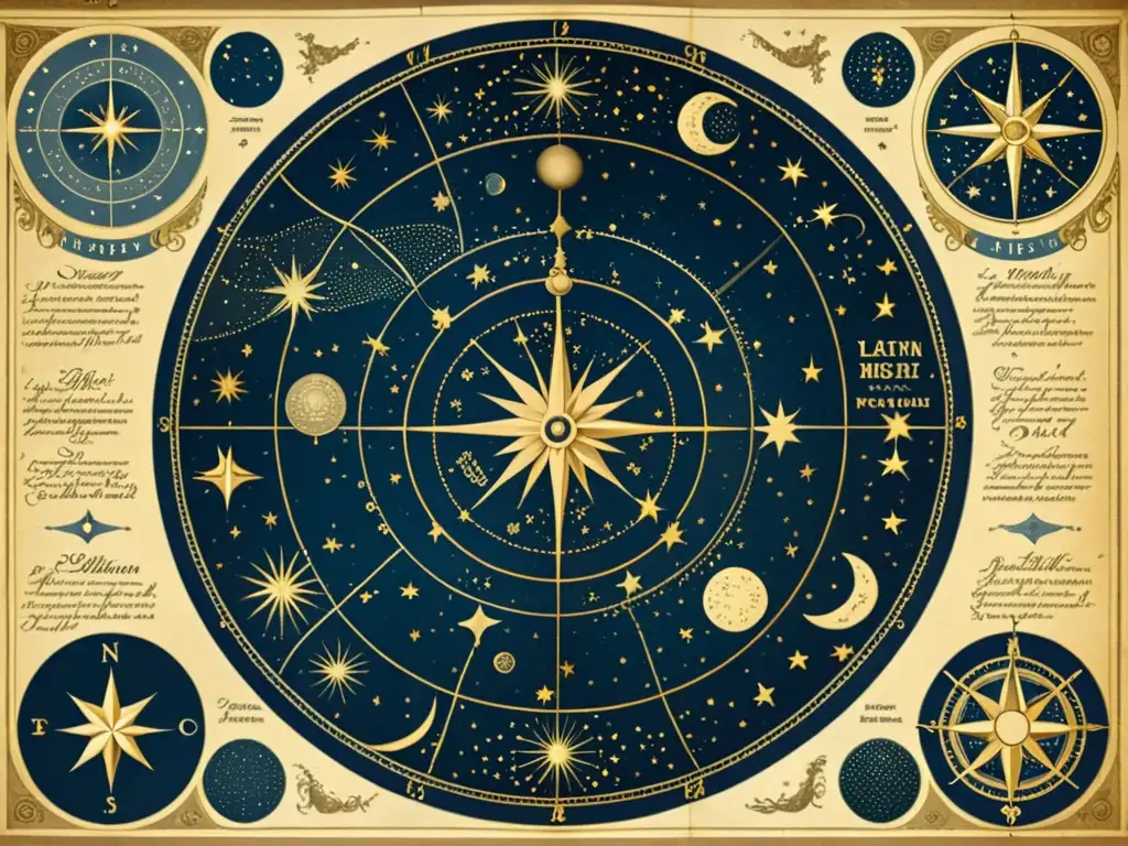 Mapa del cielo con constelaciones, estrellas y detalles artísticos en tonos sepia y pergamino, evocando asombro celestial y exploración