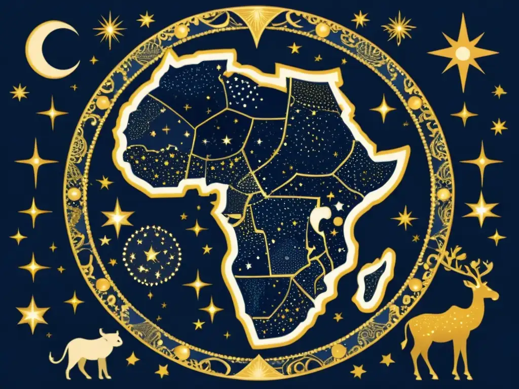 Un mapa estelar africano con constelaciones y símbolos tradicionales, en oro y añil