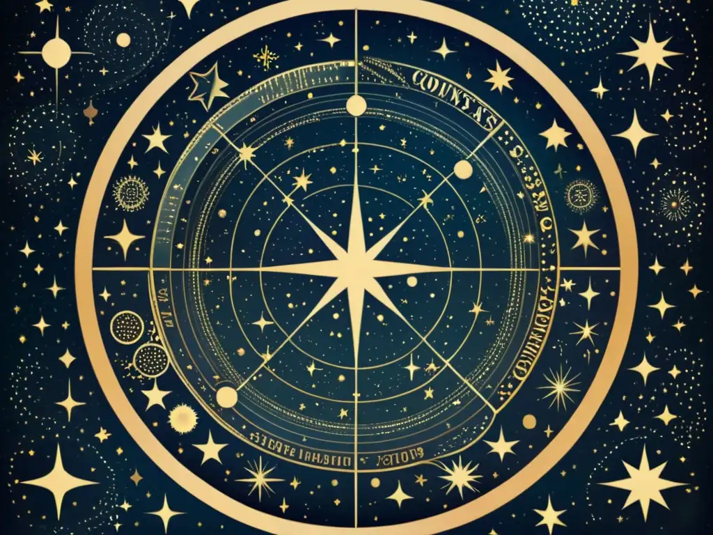 Ilustración vintage de un mapa estelar con constelaciones detalladas y estrellas