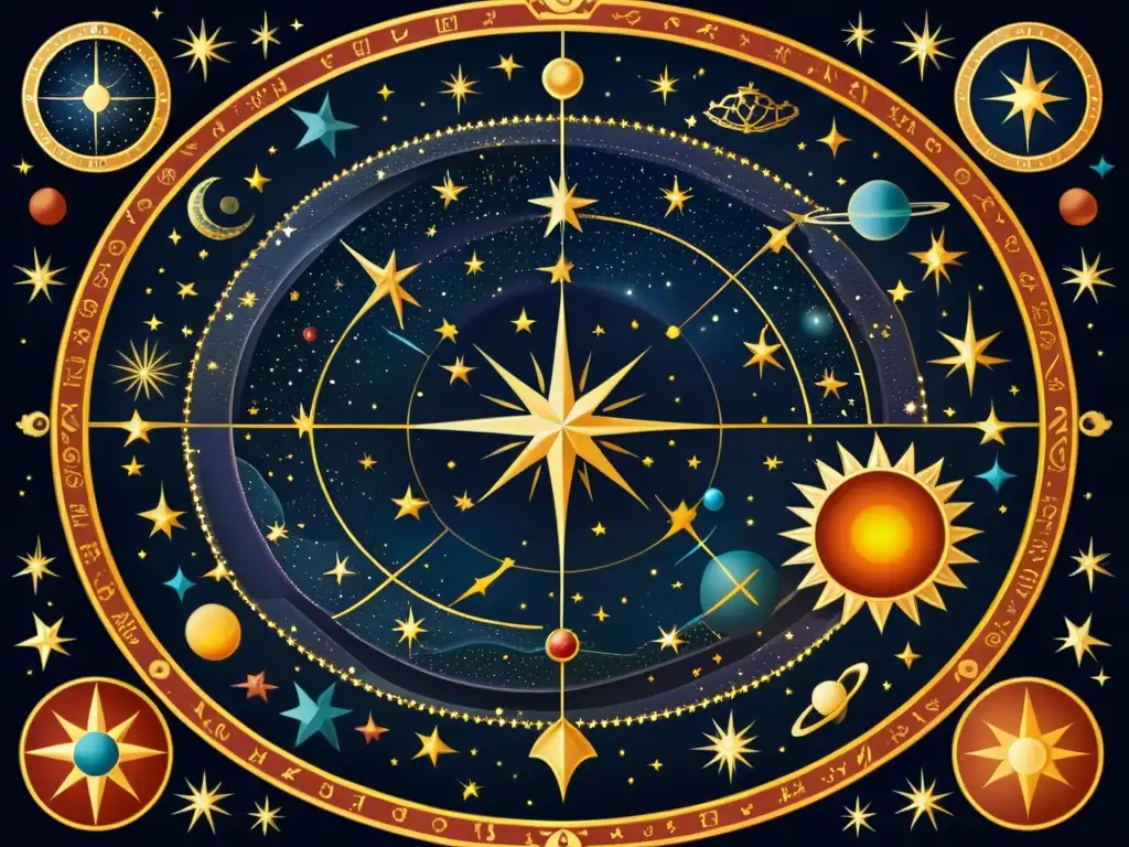 Un mapa estelar interactivo personalizado: una ilustración vintage de un mapa celestial con constelaciones detalladas y colores ricos