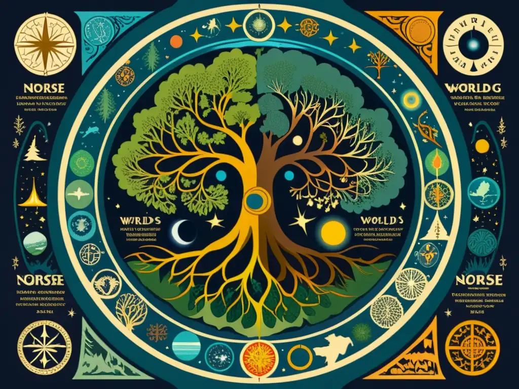 Mapa estelar de los Nueve Mundos Nórdicos: Ilustración vintage que muestra los mundos y Yggdrasil en colores ricos y detalles intrincados