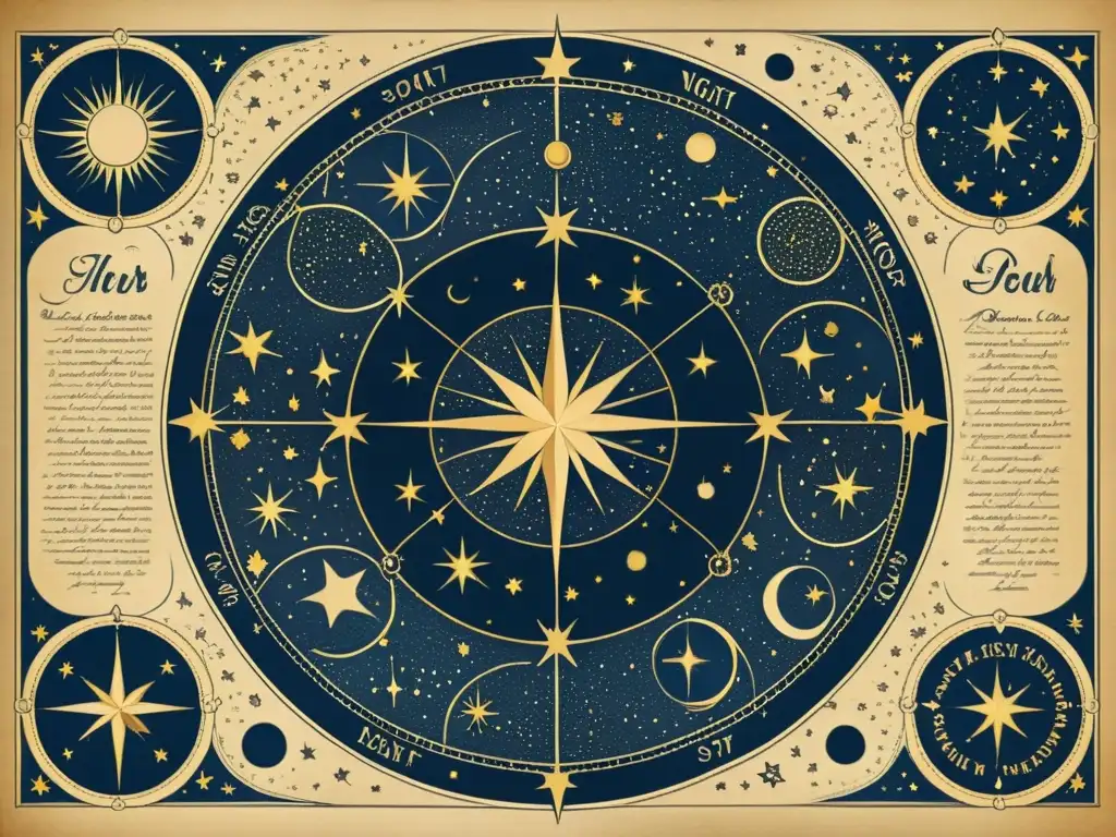 Mapa estelar vintage ilustrando constelaciones y estrellas en pergamino envejecido