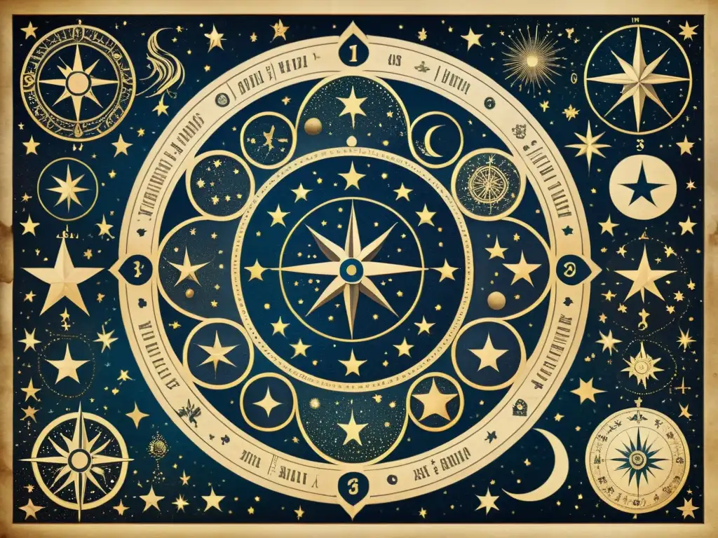 Mapa estelar vintage con constelaciones y símbolos celestiales, evocando el significado mitológico de estrellas en culturas antiguas