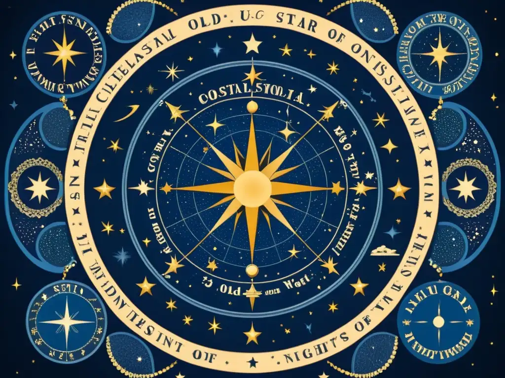 Un mapa estelar vintage muestra constelaciones en un cielo azul profundo