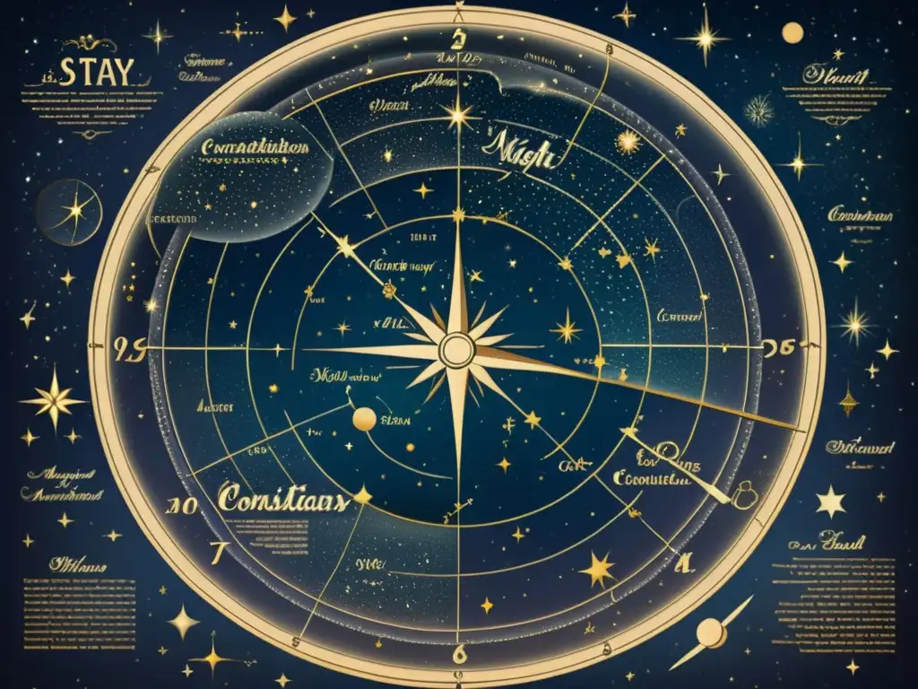 Mapa estelar vintage con constelaciones detalladas y un encanto histórico, perfecto para exploradores del cosmos