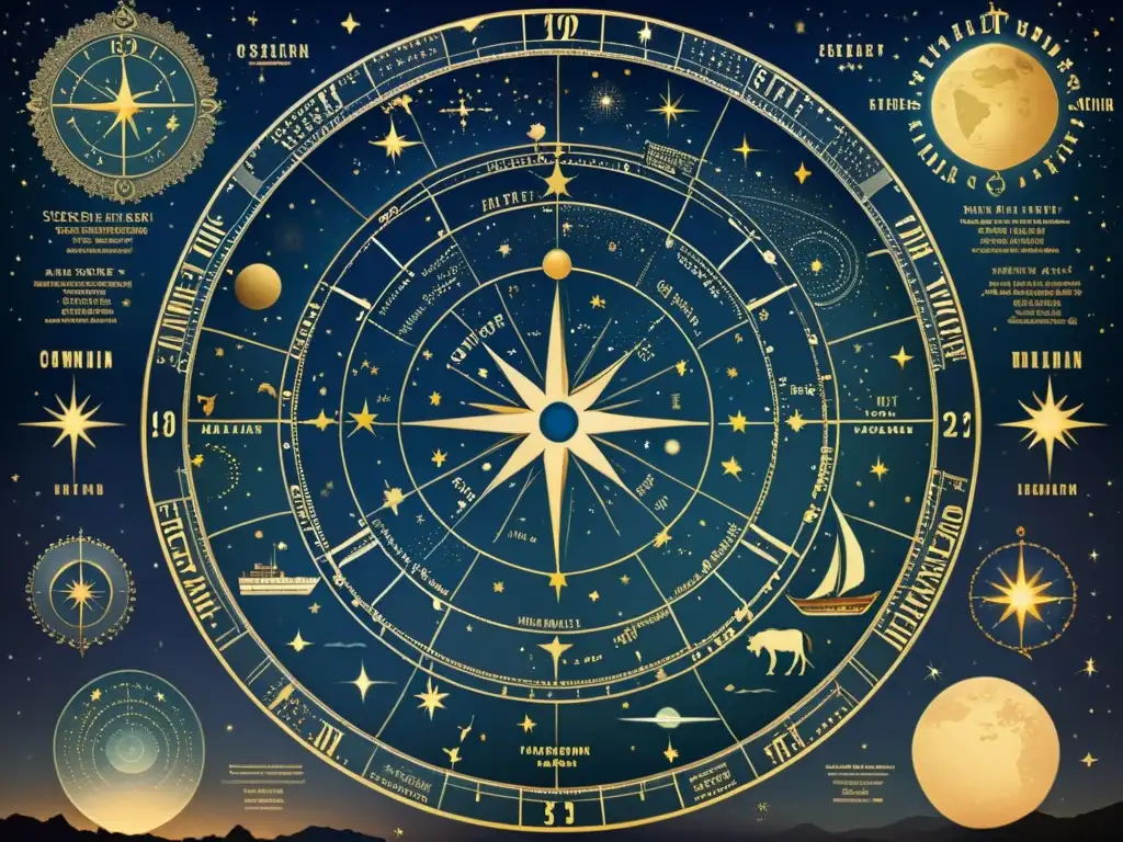 Un mapa estelar vintage muestra las constelaciones en el cielo nocturno, con ilustraciones detalladas de figuras mitológicas