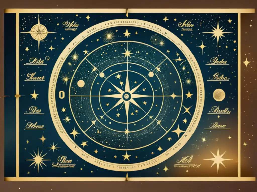 Un mapa estelar vintage muestra constelaciones menos visibles con ilustraciones detalladas de figuras míticas y líneas conectando estrellas