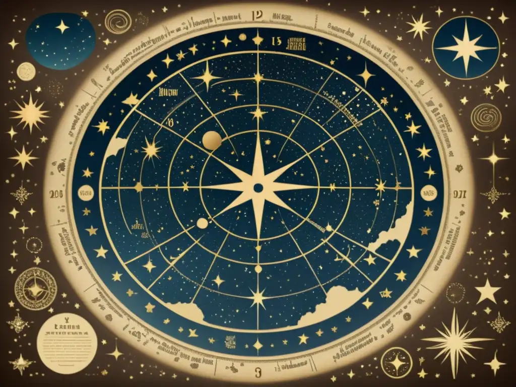 Un mapa estelar vintage detallado con constelaciones y figuras mitológicas, creando un panorama nocturno de estrellas