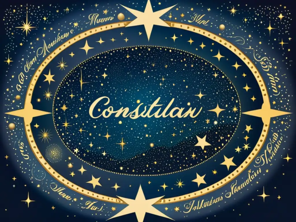 Un mapa estelar vintage detallado con constelaciones y estrellas etiquetadas en caligrafía elegante