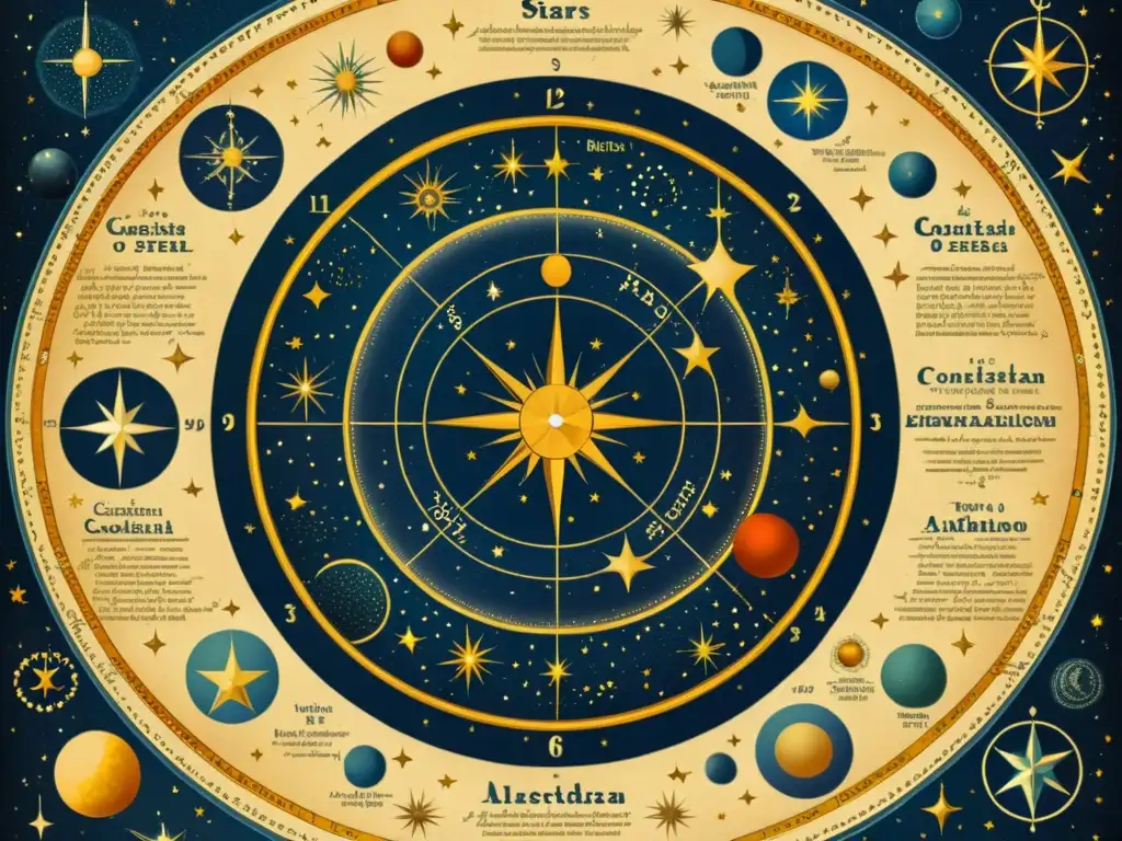 Un mapa estelar vintage detallado con constelaciones, estrellas y figuras mitológicas