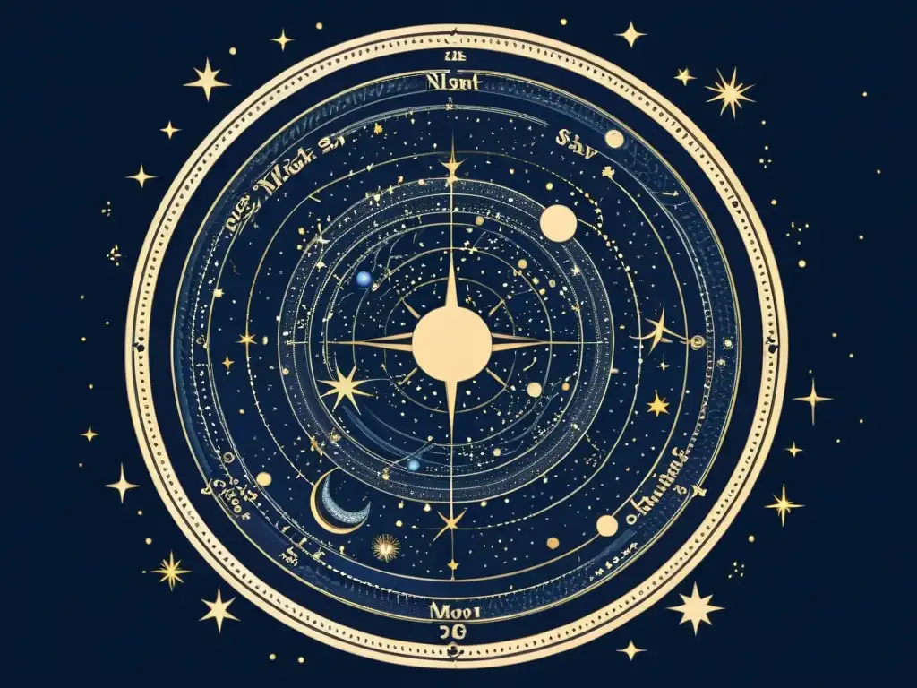 Mapa estelar vintage en azul marino con constelaciones detalladas y planetas, ideal para identificación fácil de constelaciones nocturnas