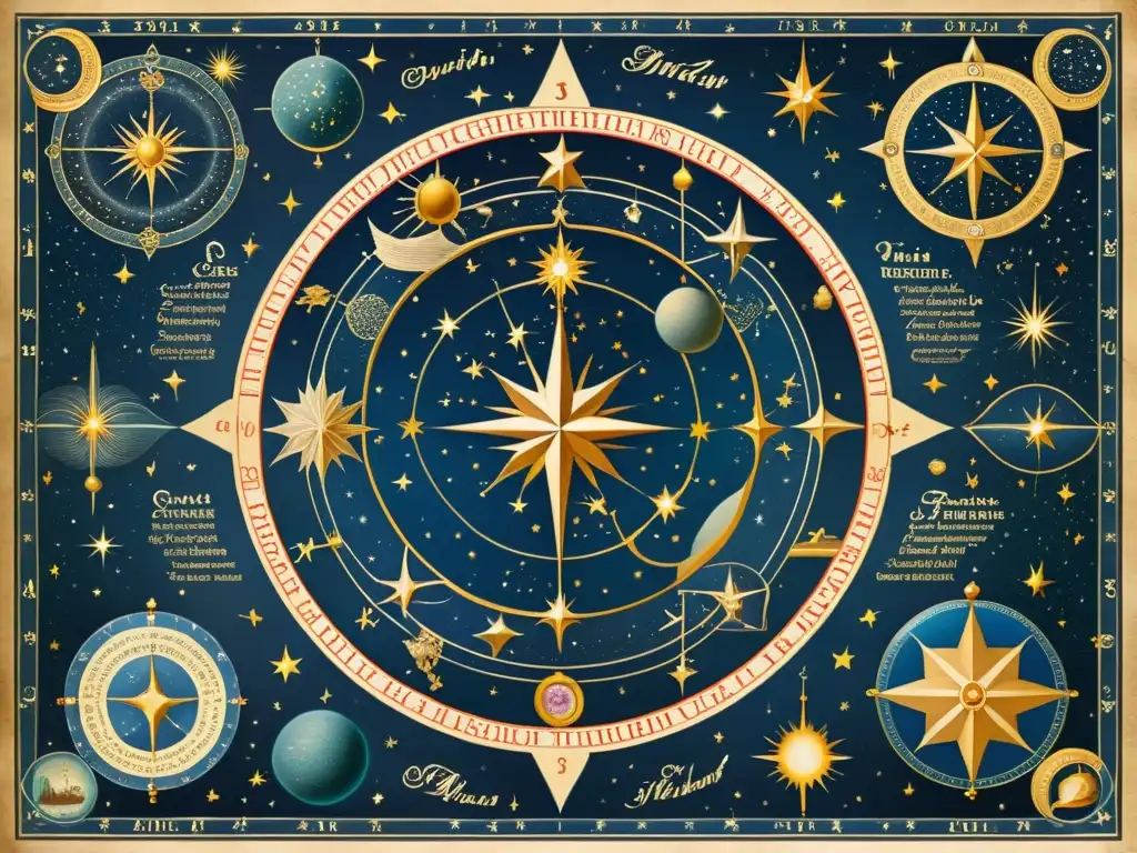 Un mapa estelar vintage muestra la posición exacta de constelaciones, con ilustraciones de figuras mitológicas entre las estrellas, sobre un pergamino envejecido