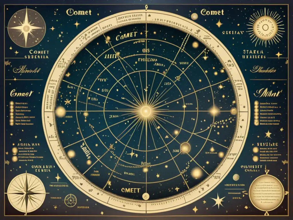 Mapa estelar vintage con predicciones de observación de cometas en constelaciones, detallado y evocador