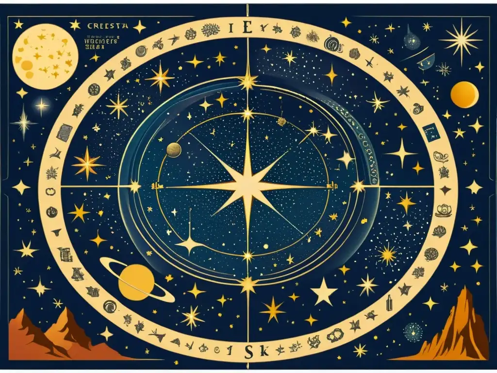 Un mapa ilustrado vintage del cielo nocturno con constelaciones, planetas y eventos celestiales