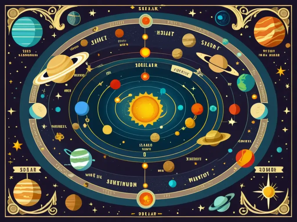 Un mapa ilustrado vintage del Sistema Solar rodeado de figuras mitológicas y símbolos