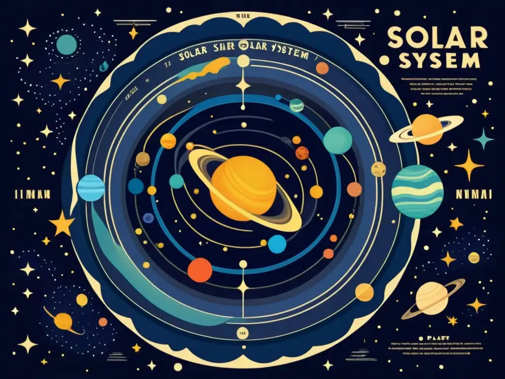 Un mapa ilustrado vintage del Sistema Solar, con planetas detallados y nombres en tipografía elegante