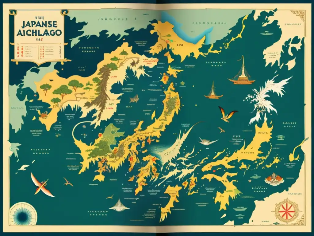 Mapa vintage del Archipiélago Japonés con representación mitológica y detalles intrincados, evocando su rica cultura