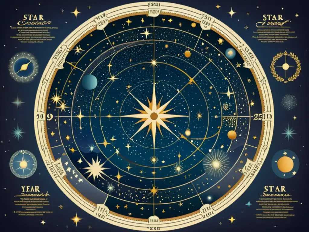 Mapa vintage de constelaciones y eventos estacionales, capturando la danza celestial de estrellas y mitología