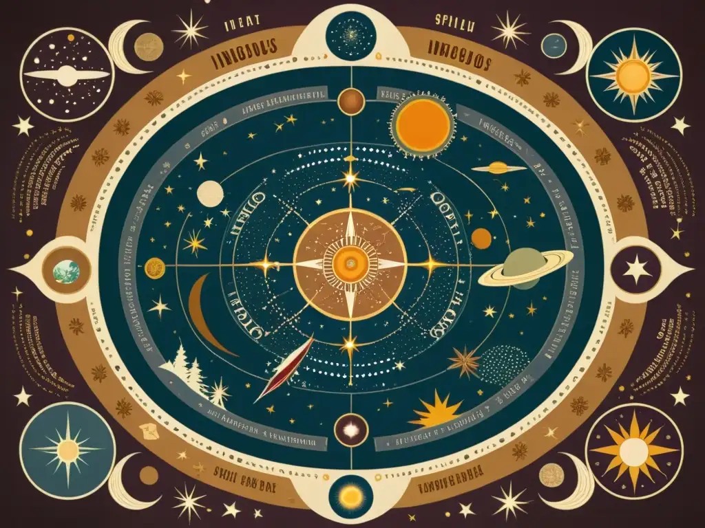 Mapa vintage de la cosmología indígena con ilustraciones detalladas de cuerpos celestes y seres míticos en tonos terrosos