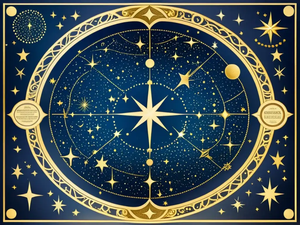 Mapa vintage detallado del cielo nocturno con constelaciones, estrellas doradas, mitología y ornamentos