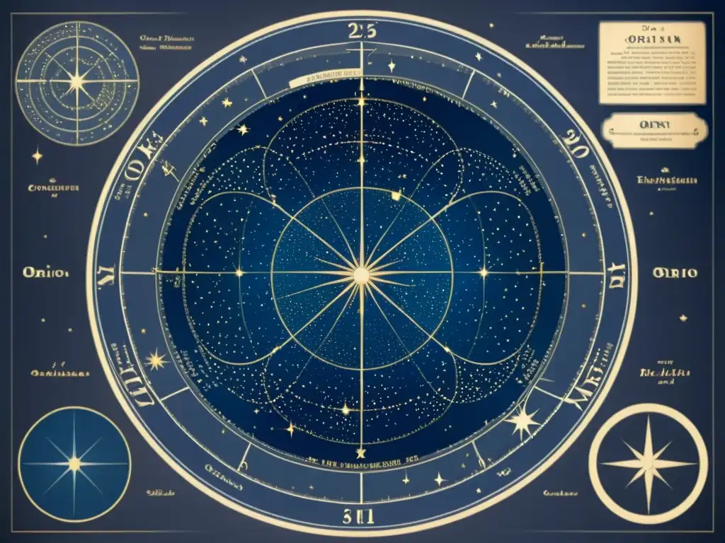 Mapa vintage detallando la constelación Orión en un rico azul