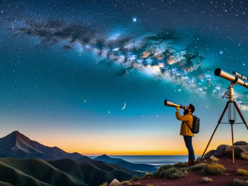 Diego Martín señalando una constelación en un cielo estrellado Diego Martín maravillado señala una constelación en un cielo estrellado rodeado de antiguos instrumentos científicos