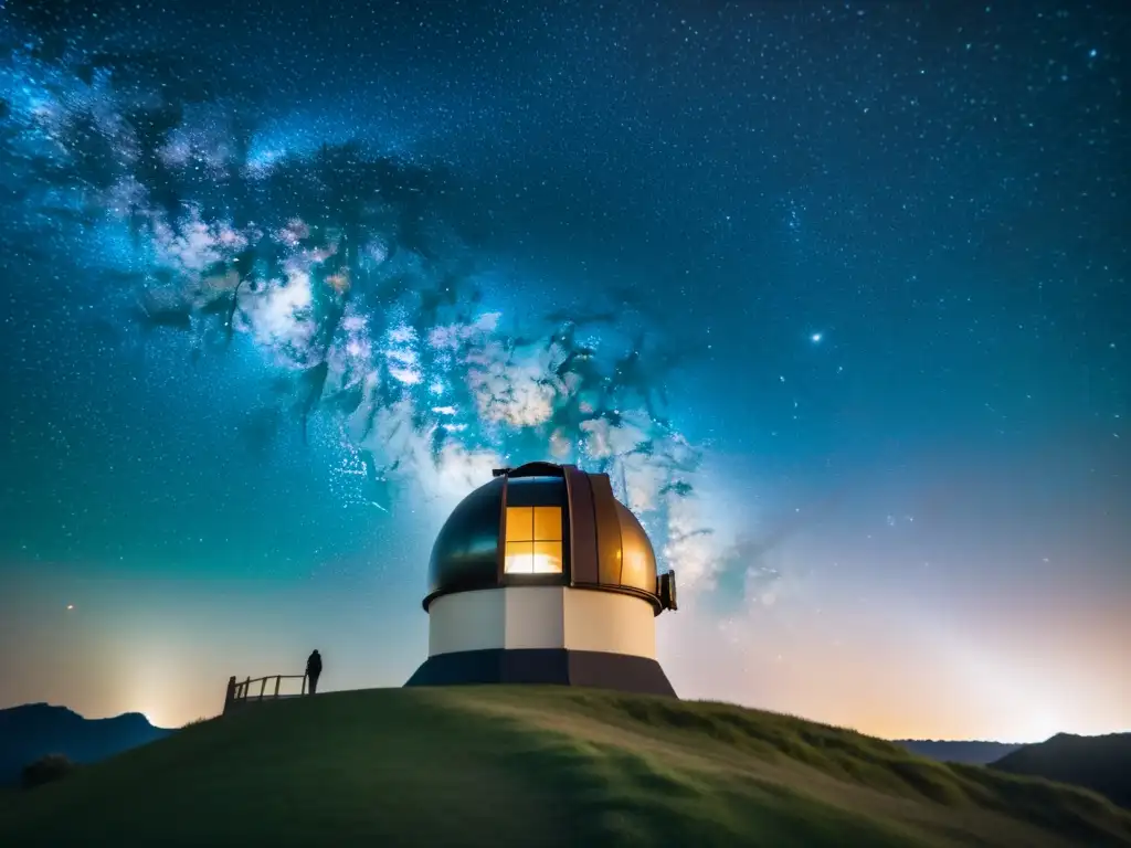 Una maravillosa foto vintage del cielo estrellado, con la Vía Láctea en todo su esplendor y un observatorio histórico en silueta