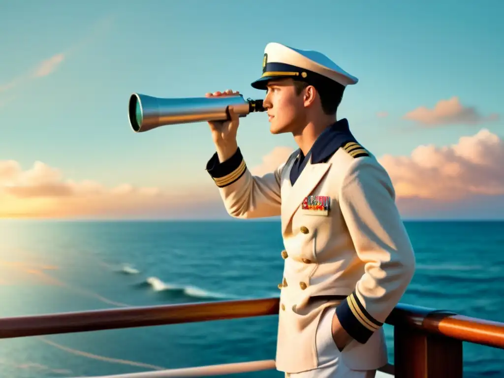 Un marinero de aspecto nostálgico observa a través de un telescopio en la cubierta de un barco, con un cielo pastel al atardecer