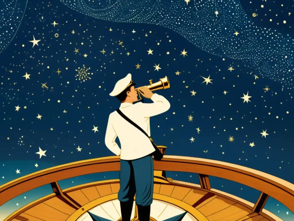 Un marinero utiliza un sextante para la Navegación Celeste por las Estrellas, en una ilustración vintage llena de detalles