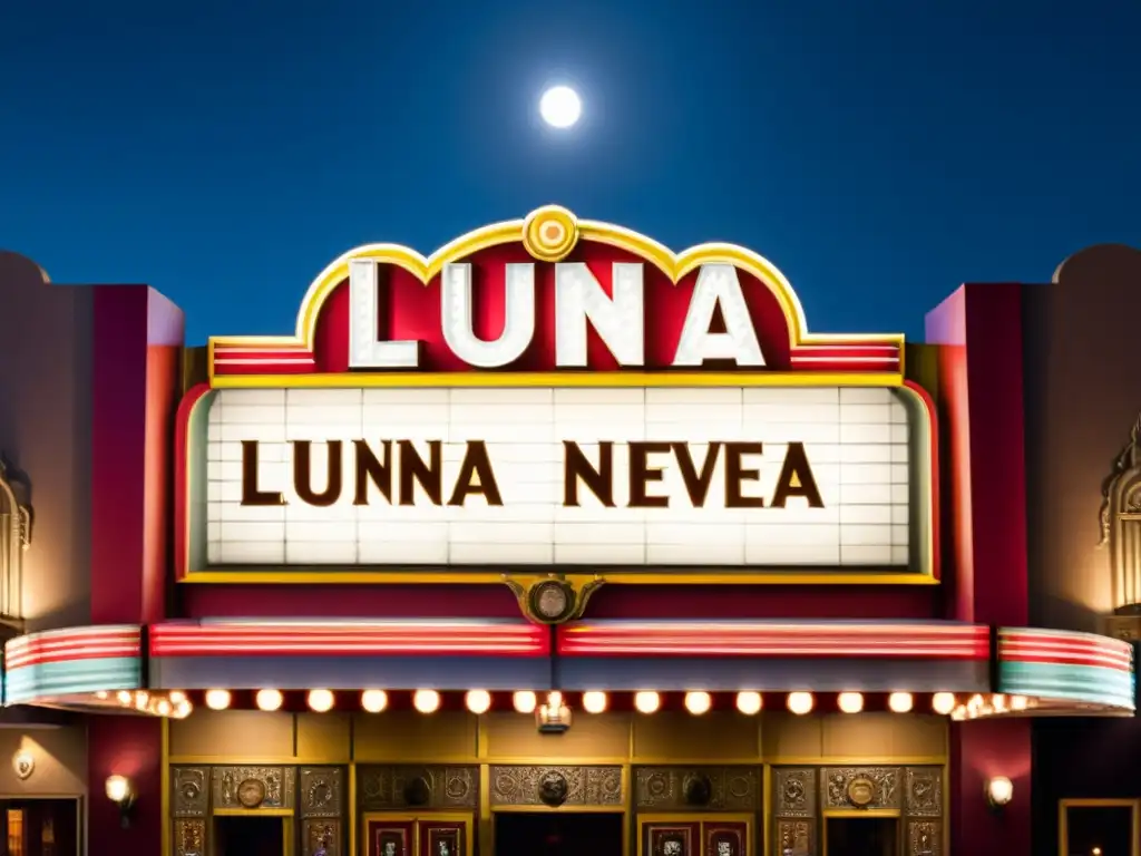 Un marquesina de cine vintage muestra 'Luna Nueva' en letras iluminadas, rodeada de la atmósfera cálida y nostálgica de un cine antiguo