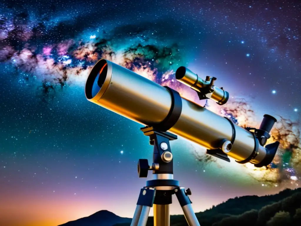 Mejora observación nebulosas galaxias: Telescopio vintage apuntando al cielo nocturno, revelando la belleza de una nebulosa con detalles estelares