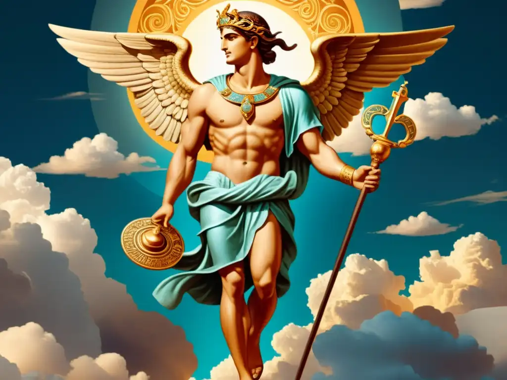 Hermes, mensajero divino de la mitología griega, con sus alas, caduceo y vestimenta detallada, rodeado de nubes y arquitectura griega